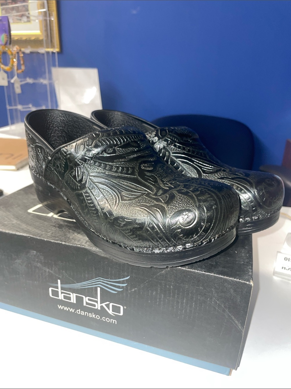 Dansko Black Embossed Leather Slip-On Clogs